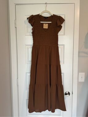 Smocked Maxi Dress with Flutter Sleeves — Brown